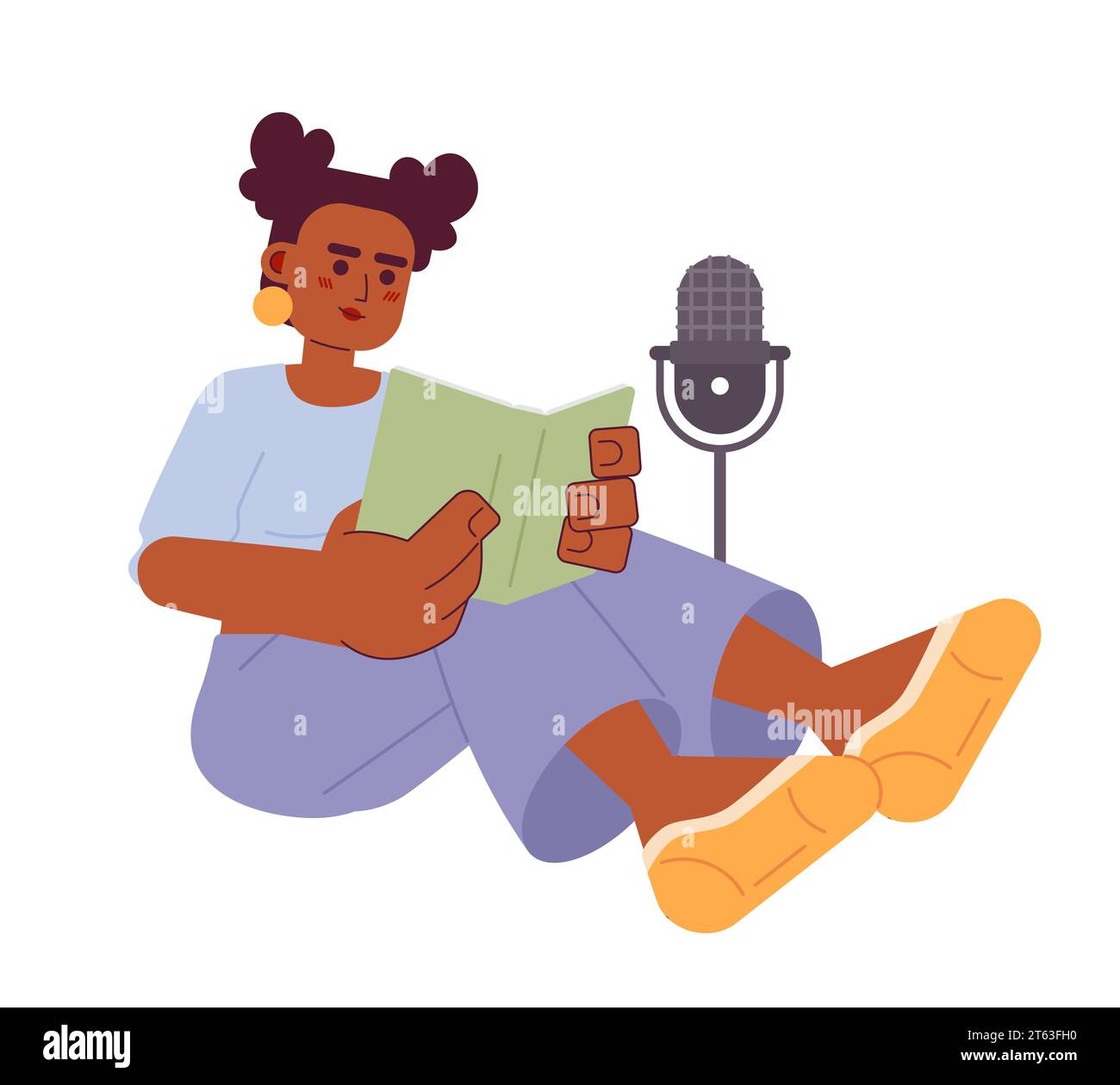 Donna afro-americana che legge un libro sul microfono personaggio dei cartoni animati 2D. Illustrazione Vettoriale
