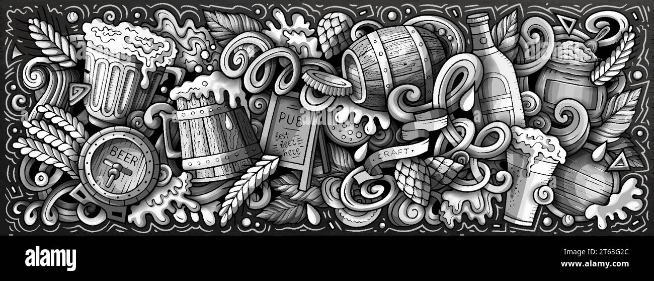 Banner divertente per cartoni animati Beer Doodle Illustrazione Vettoriale