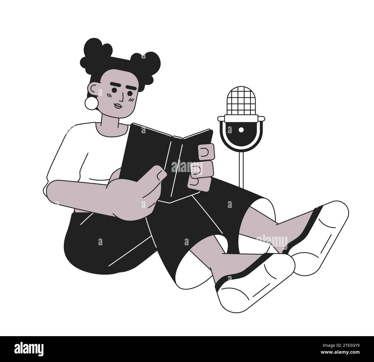 Donna afro-americana che legge un libro con microfono in bianco e nero personaggio dei cartoni animati 2D. Illustrazione Vettoriale