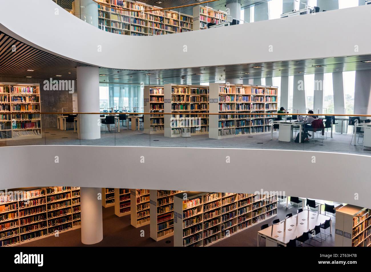 Affacciato sull'atrio centrale dell'edificio della Sir Duncan Rice Library, Aberdeen University, Scozia, Regno Unito. Architetto: Schmidt Hammer Lassen, 2011. Foto Stock