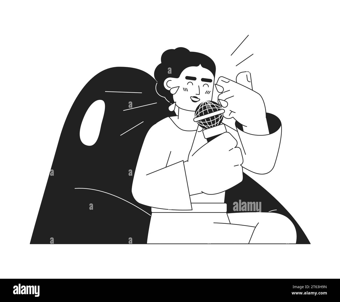 Anchorwoman mediorientale con microfono in bianco e nero personaggio dei cartoni animati 2D. Illustrazione Vettoriale