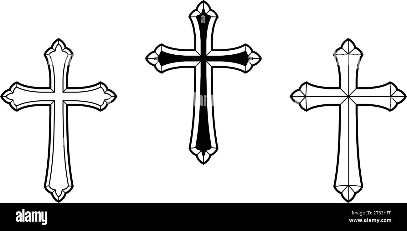splendido set di simboli crocifissi con croce cristiana smussata di 3 vettori isolati su sfondo trasparente Illustrazione Vettoriale