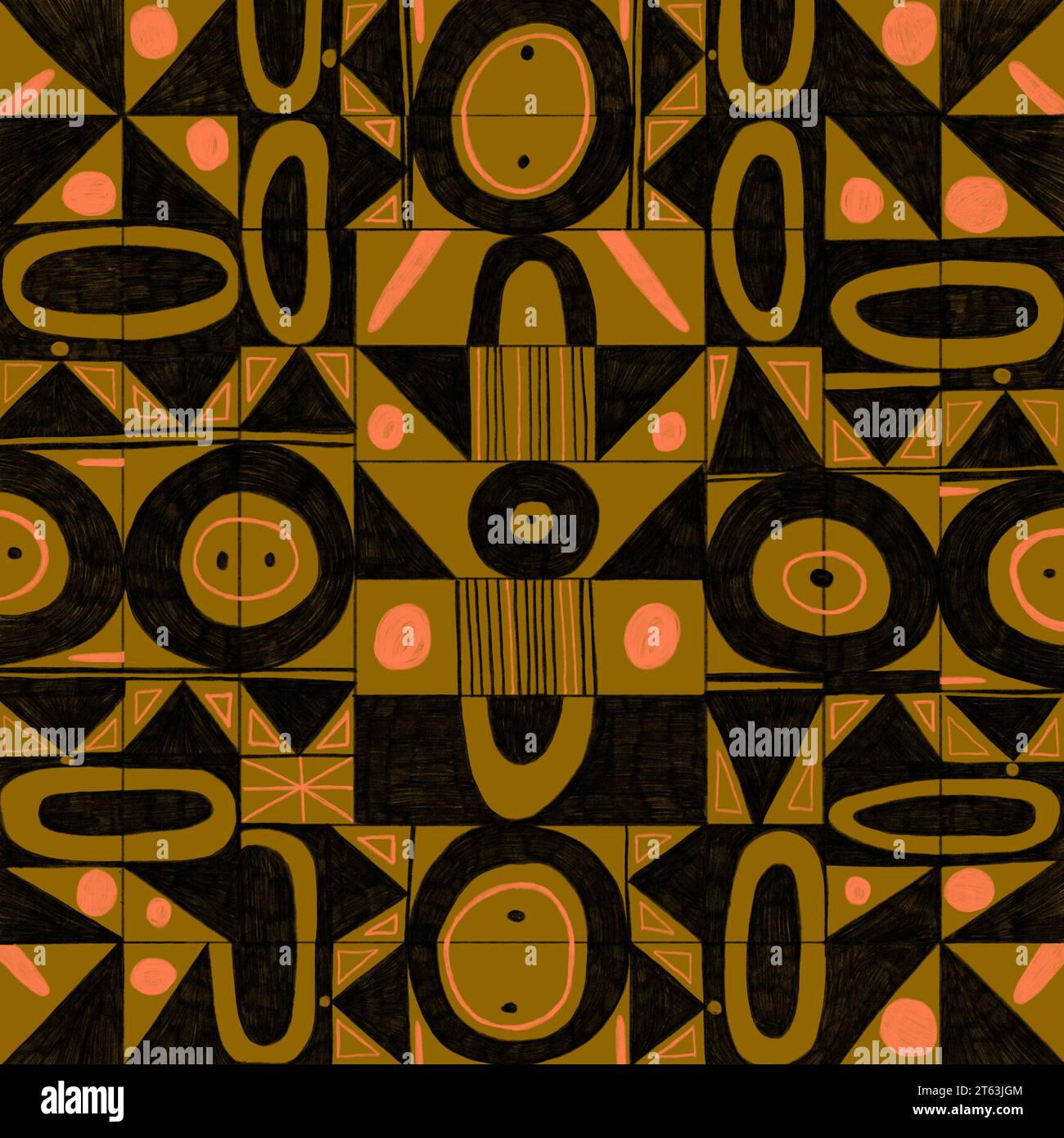 Illustrazione di diversi motivi colorati senza cuciture e geometrici nell'arte dell'espressionismo neo-primitivo su sfondo astratto Foto Stock