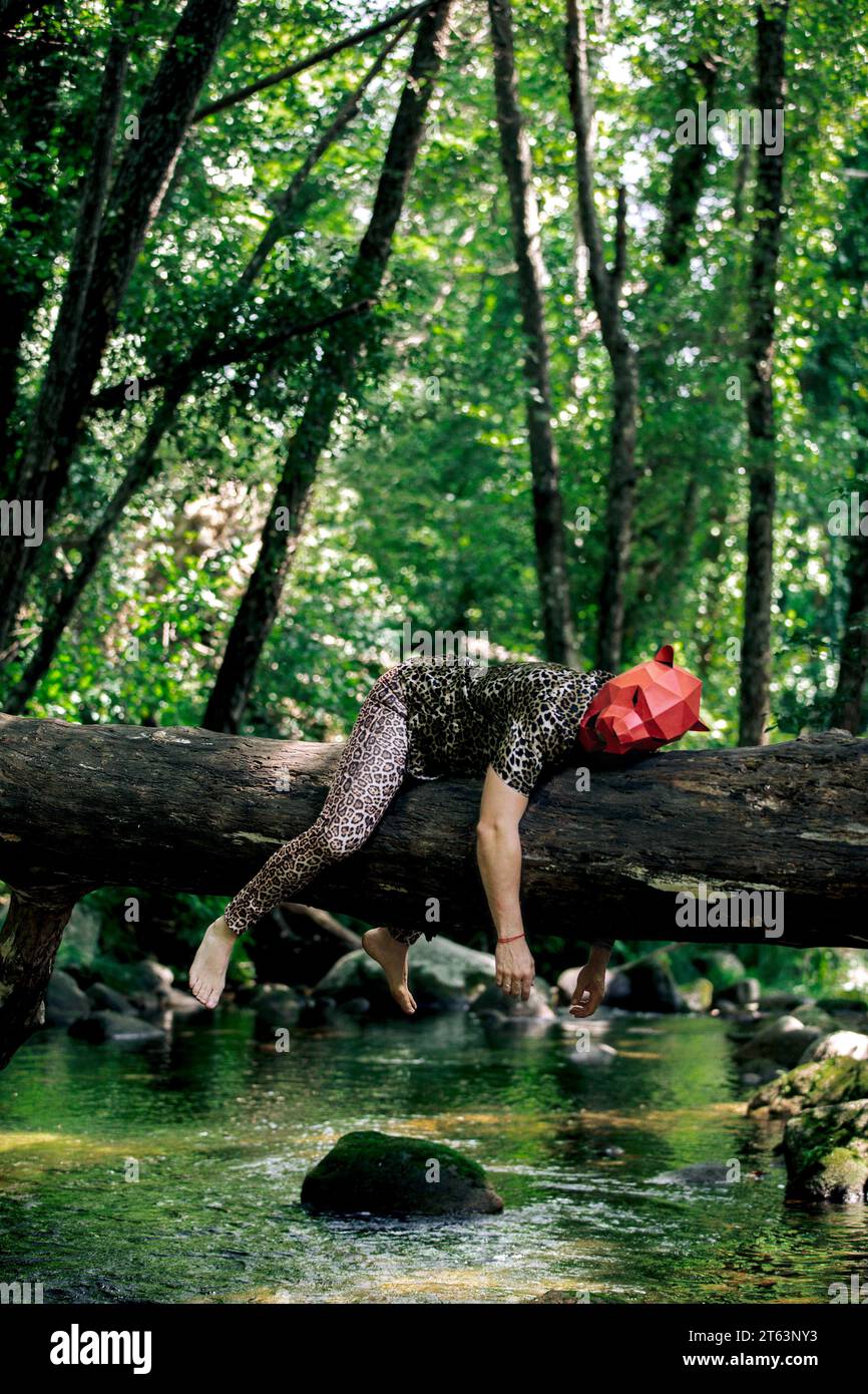 Anonimo maschio vestito da ghepardo con maschera rossa sdraiato a faccia in giù sul tronco dell'albero mentre riposa contro alberi verdi nella gola in natura Foto Stock