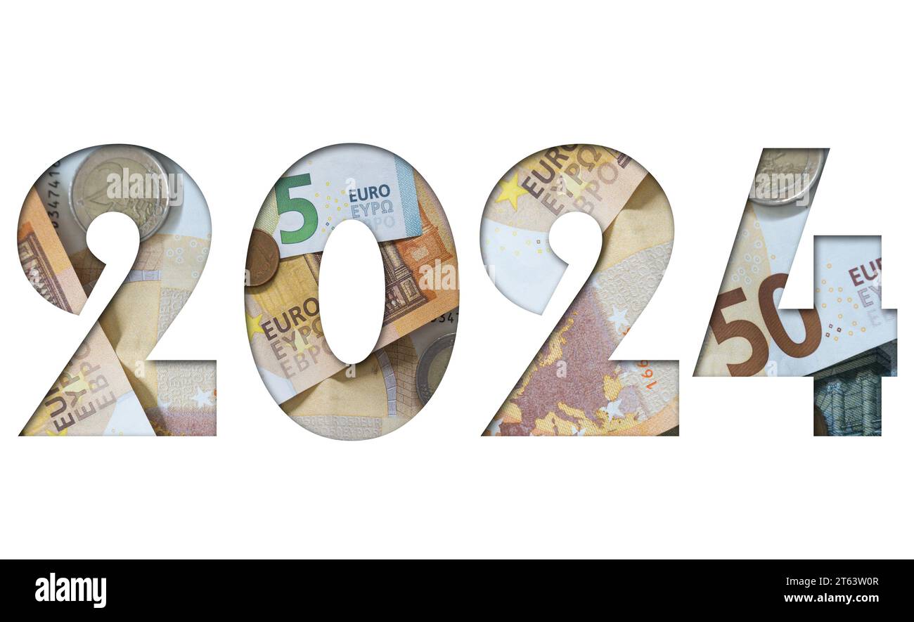 Anno 2024 con la consistenza di Euro, moneta europea, concetto di impresa o finanza Foto Stock