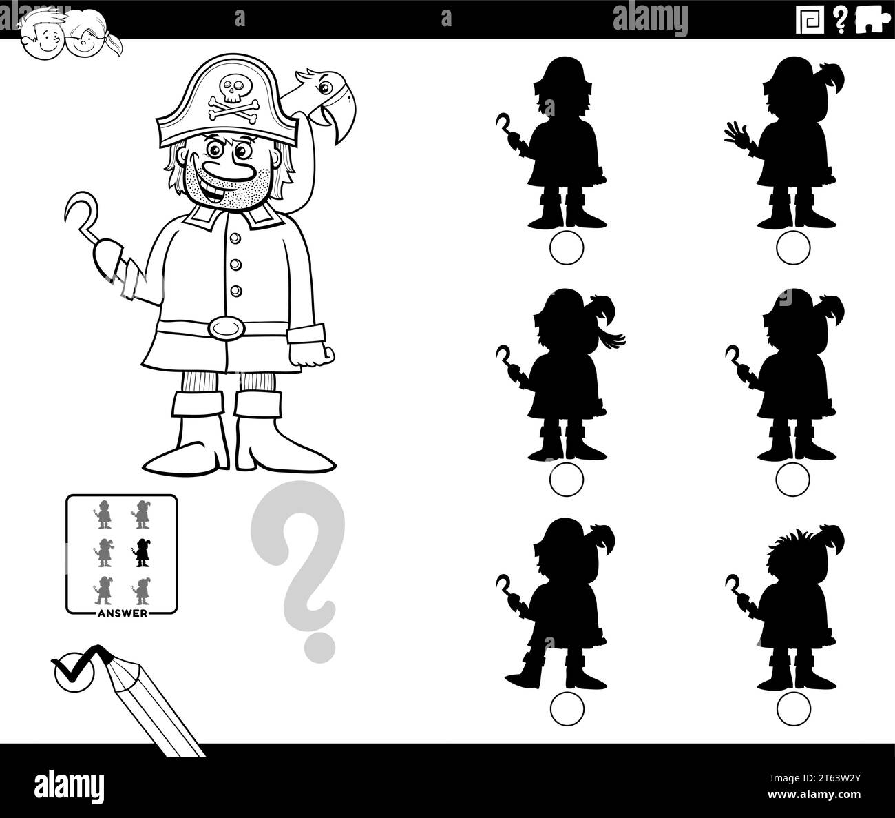 illustrazione a cartoni animati che mostra come trovare l'immagine giusta per il gioco educativo ombra con personaggio pirata e pagina colorata di pappagalli Illustrazione Vettoriale