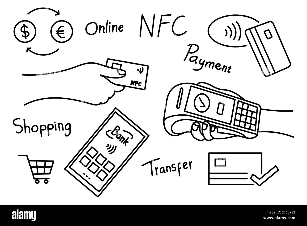 Pagamento contactless disegno doodle carta di credito transazione di acquisto con smartphone Illustrazione Vettoriale