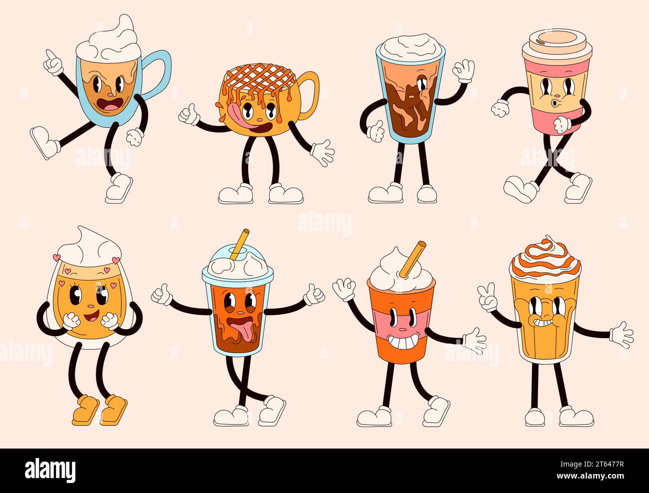 I personaggi delle bevande in stile cartoni animati retrò. Personaggi comici a forma di tazza da caffè, cappuccino, latte con sorriso allegro. Vettore Illustrazione Vettoriale