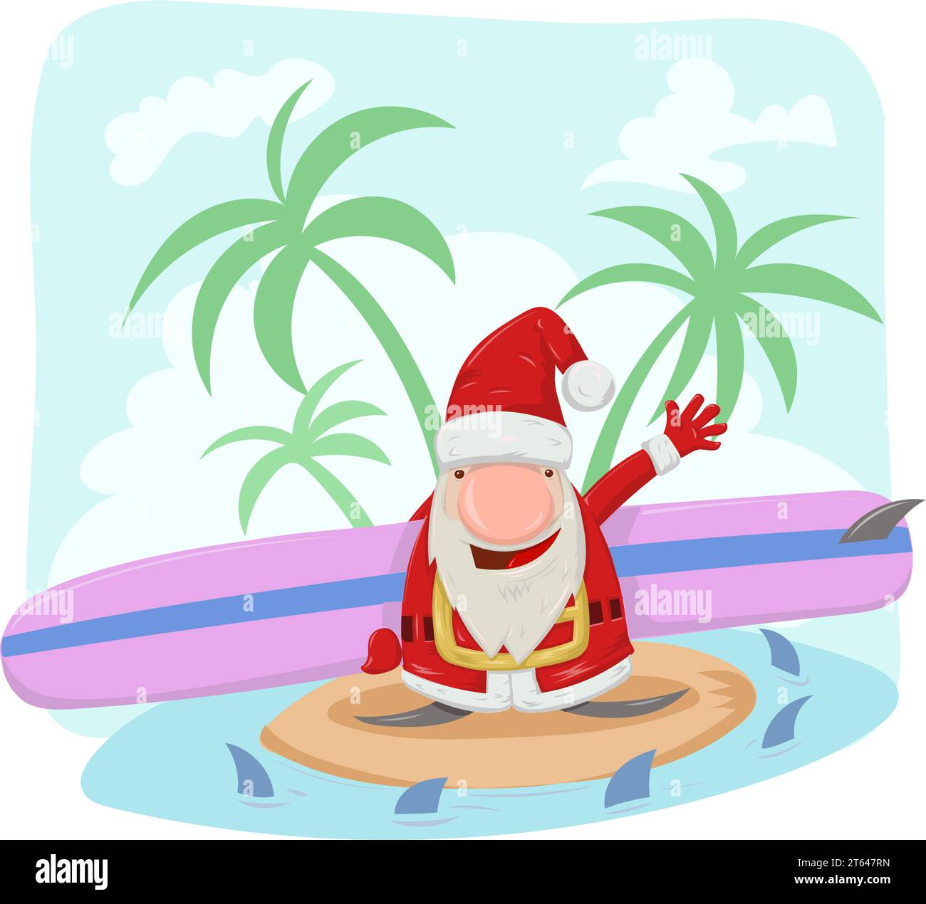 cartoni animati da surfisti di babbo natale sullo sfondo estivo. illustrazione vettoriale Illustrazione Vettoriale