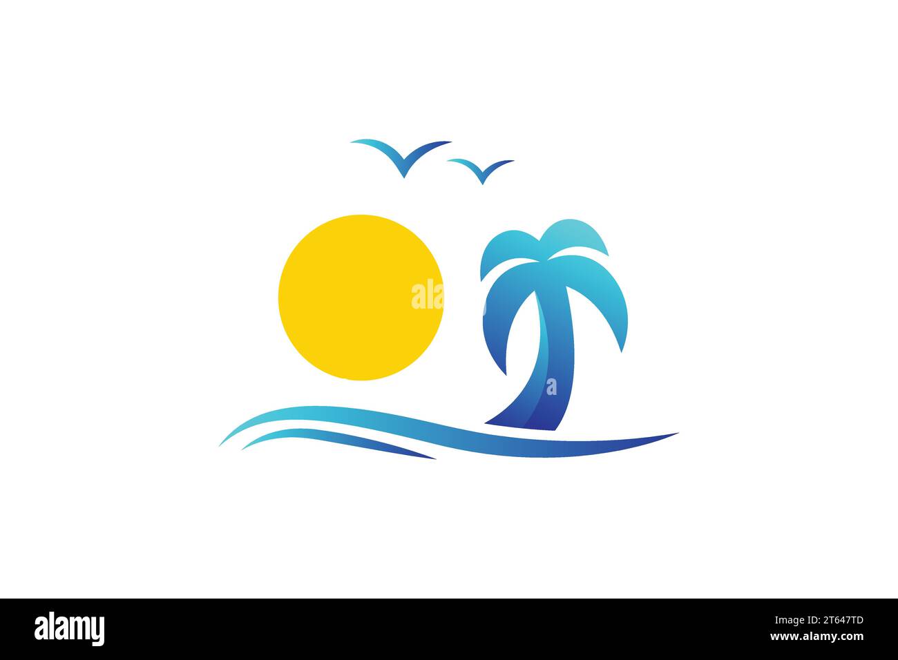 Vacanze in spiaggia, onde e sole con logo vettoriale di palme Illustrazione Vettoriale