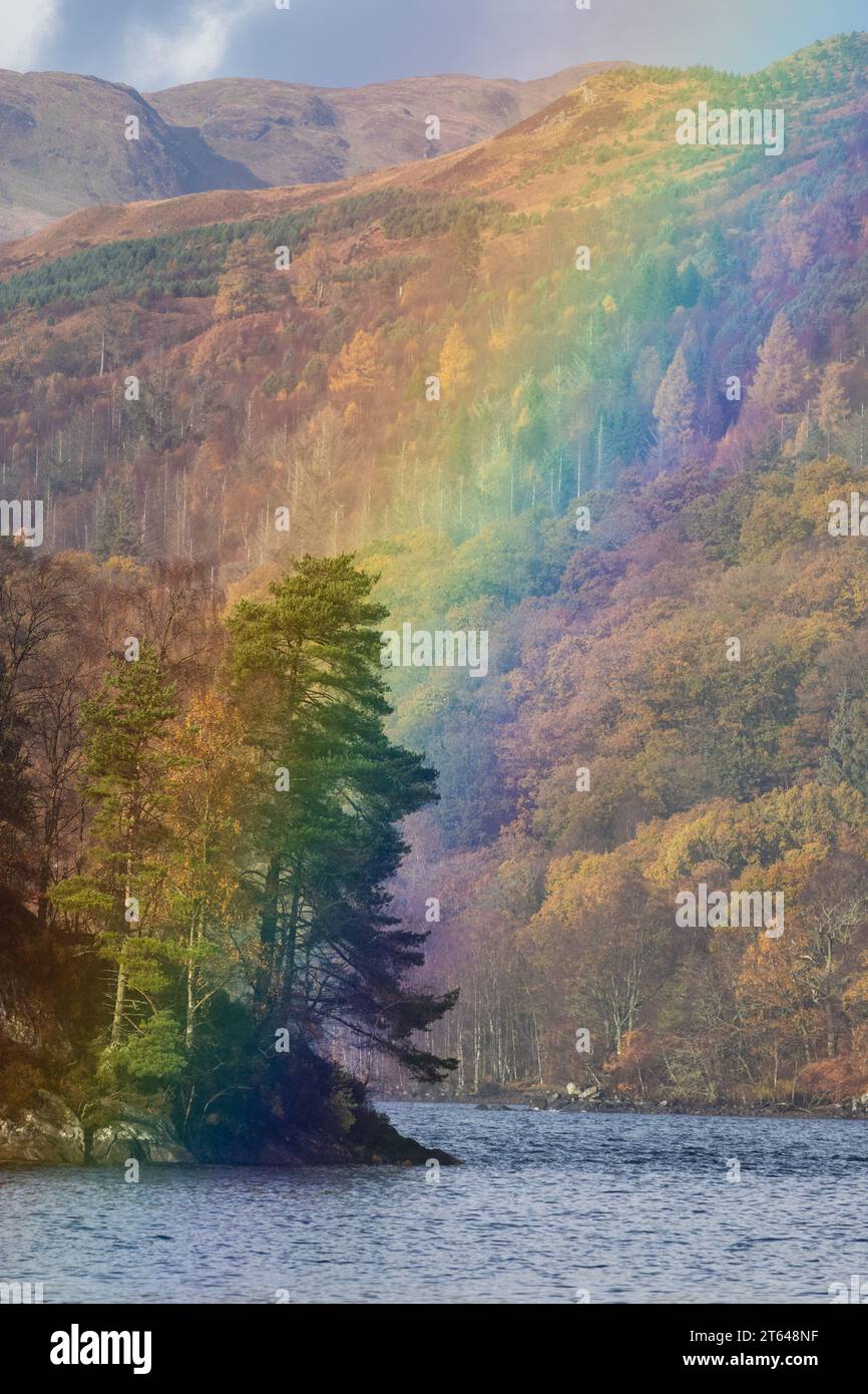 Loch Katrine, Trossachs, Scozia, Regno Unito. 8 novembre 2023. Meteo del Regno Unito - un arcobaleno vivace dopo una doccia molto pesante che aggiunge al colore autunnale al Loch Katrine a Loch Lomond e al Trossachs National Park credito: Kay Roxby/Alamy Live News Foto Stock