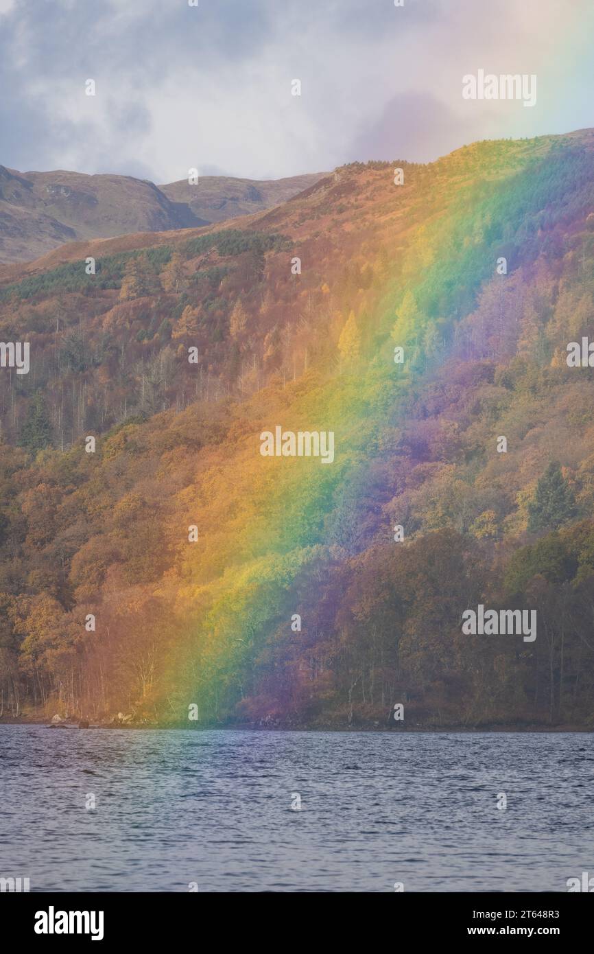 Loch Katrine, Trossachs, Scozia, Regno Unito. 8 novembre 2023. Meteo del Regno Unito - un arcobaleno vivace dopo una doccia molto pesante che aggiunge al colore autunnale al Loch Katrine a Loch Lomond e al Trossachs National Park credito: Kay Roxby/Alamy Live News Foto Stock
