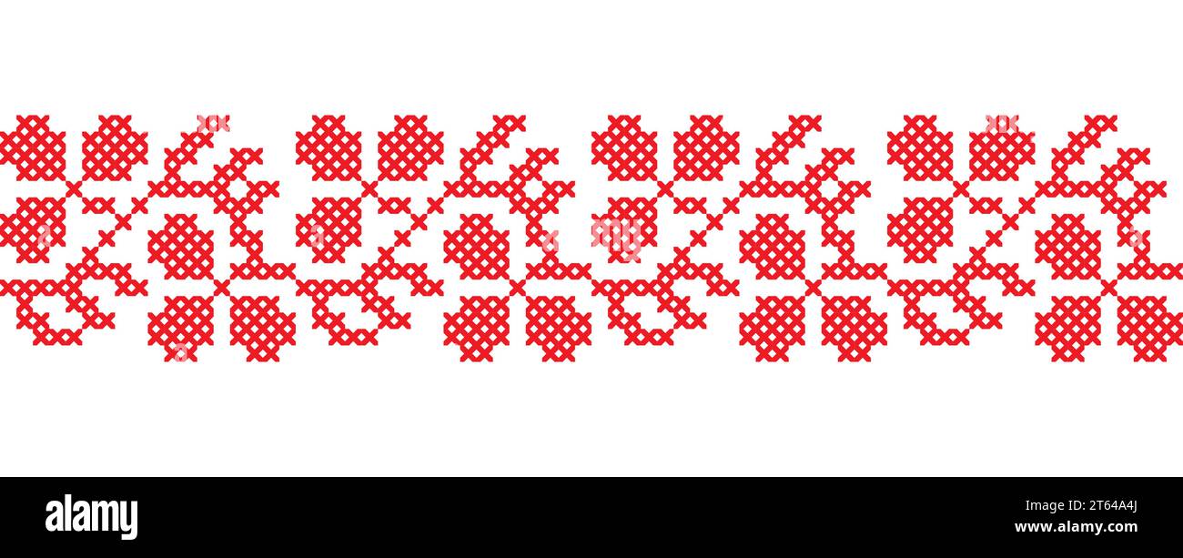 Ornamento floreale rosso ucraino per tessuti, tessuti, tessuti. Motivo vettoriale senza cuciture, stampa. Folclore ucraino, ornamento etnico. Pixel art vyshyvanka, croce Illustrazione Vettoriale