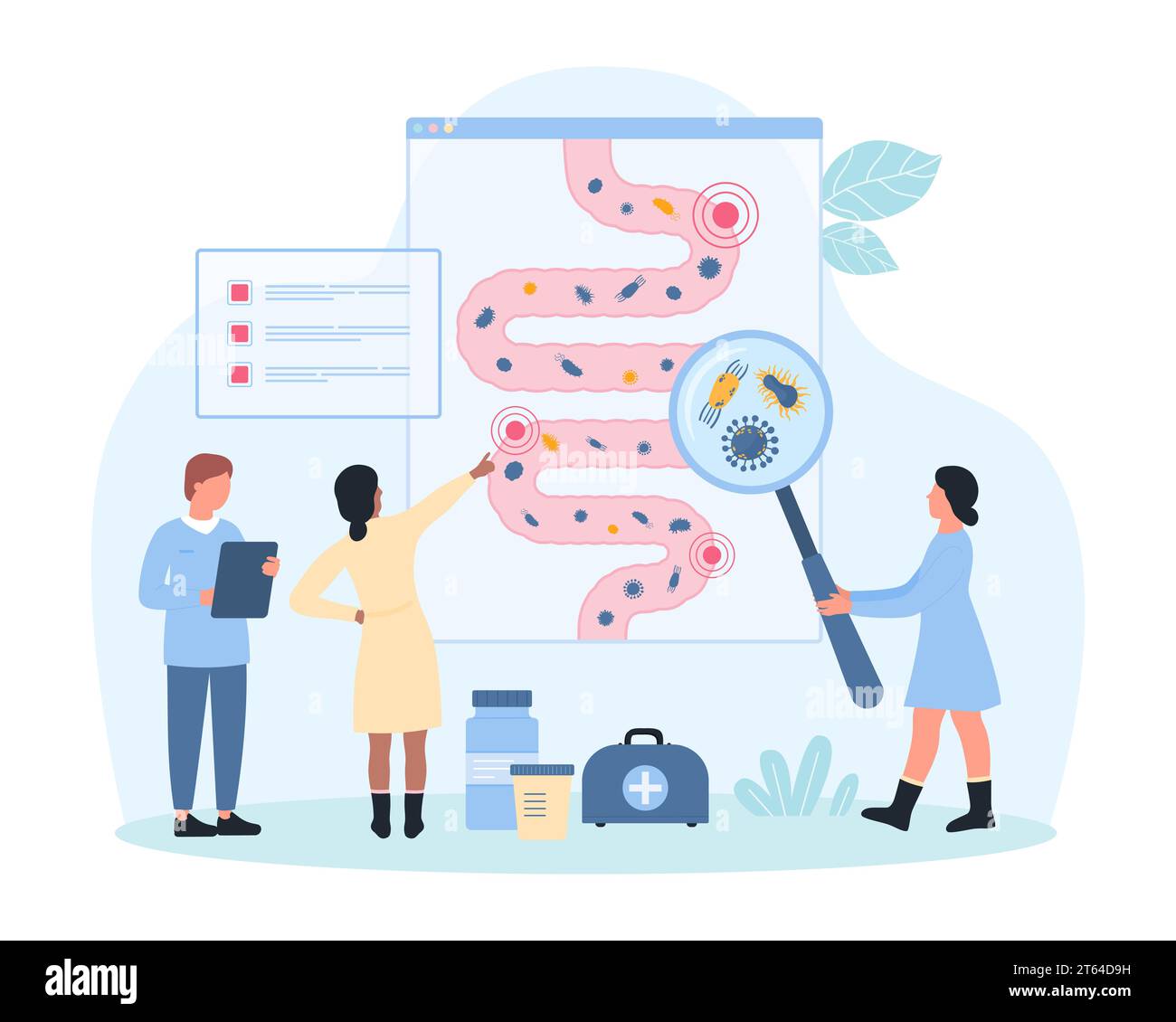 Ricerca sul microbioma intestinale, illustrazione del vettore di salute gastrointestinale. Cartoni animati le persone piccole con lente di ingrandimento controllano i batteri buoni e cattivi, il microbiota sulla mappa anatomica infografica dell'intestino umano Illustrazione Vettoriale