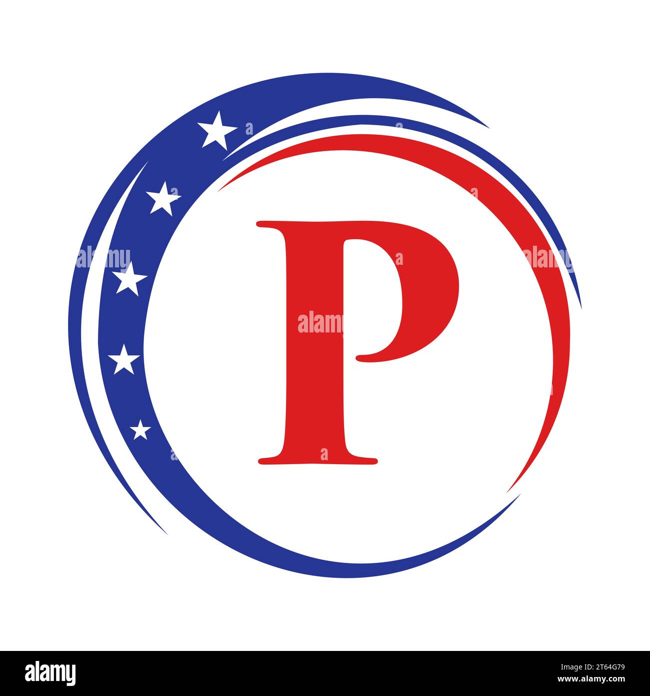 Logo Letter P America bandiera USA. Disegno del logo patriottico americano su modello Letter P. Illustrazione Vettoriale