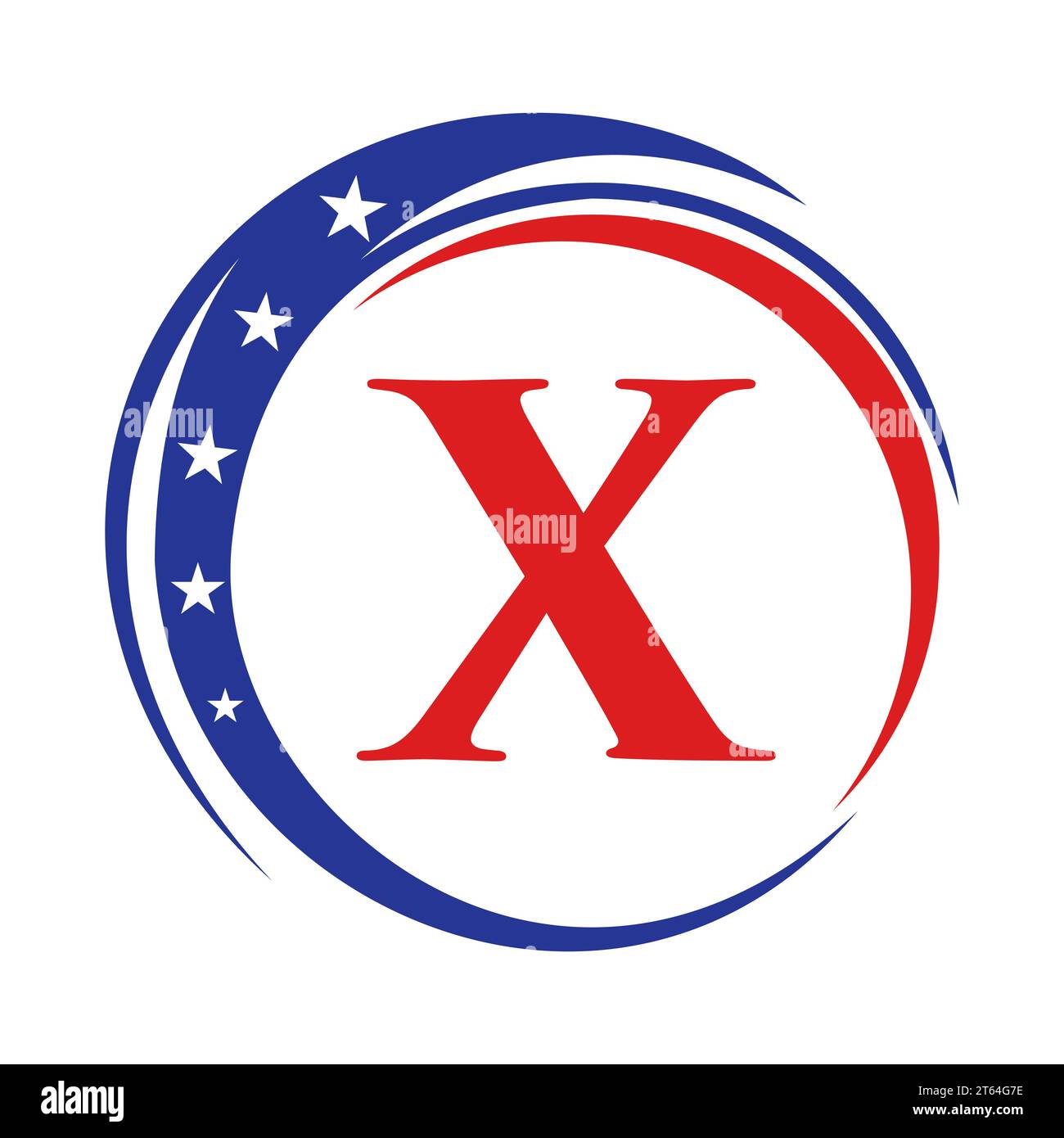 Logo Letter X America bandiera USA. Disegno del logo patriottico americano su modello Letter X. Illustrazione Vettoriale