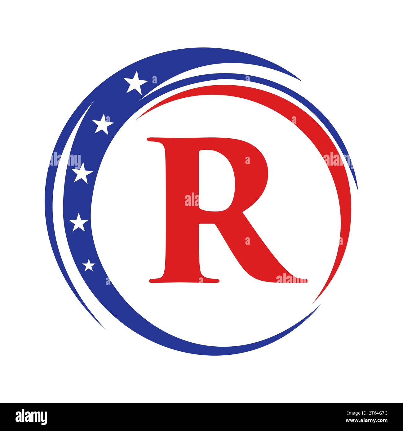 Logo Letter R America bandiera USA. Disegno del logo patriottico americano su modello Letter R. Illustrazione Vettoriale