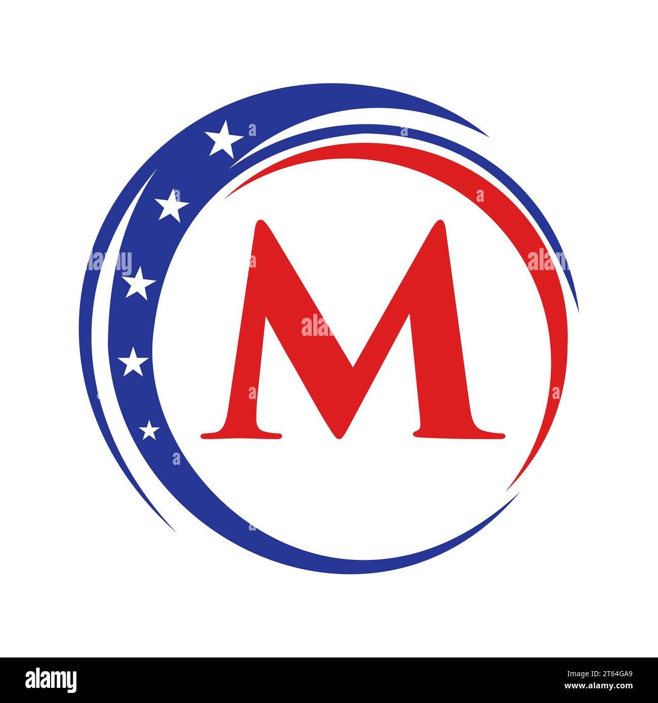 Logo Letter M America bandiera USA. Disegno del logo patriottico americano su modello Letter M. Illustrazione Vettoriale