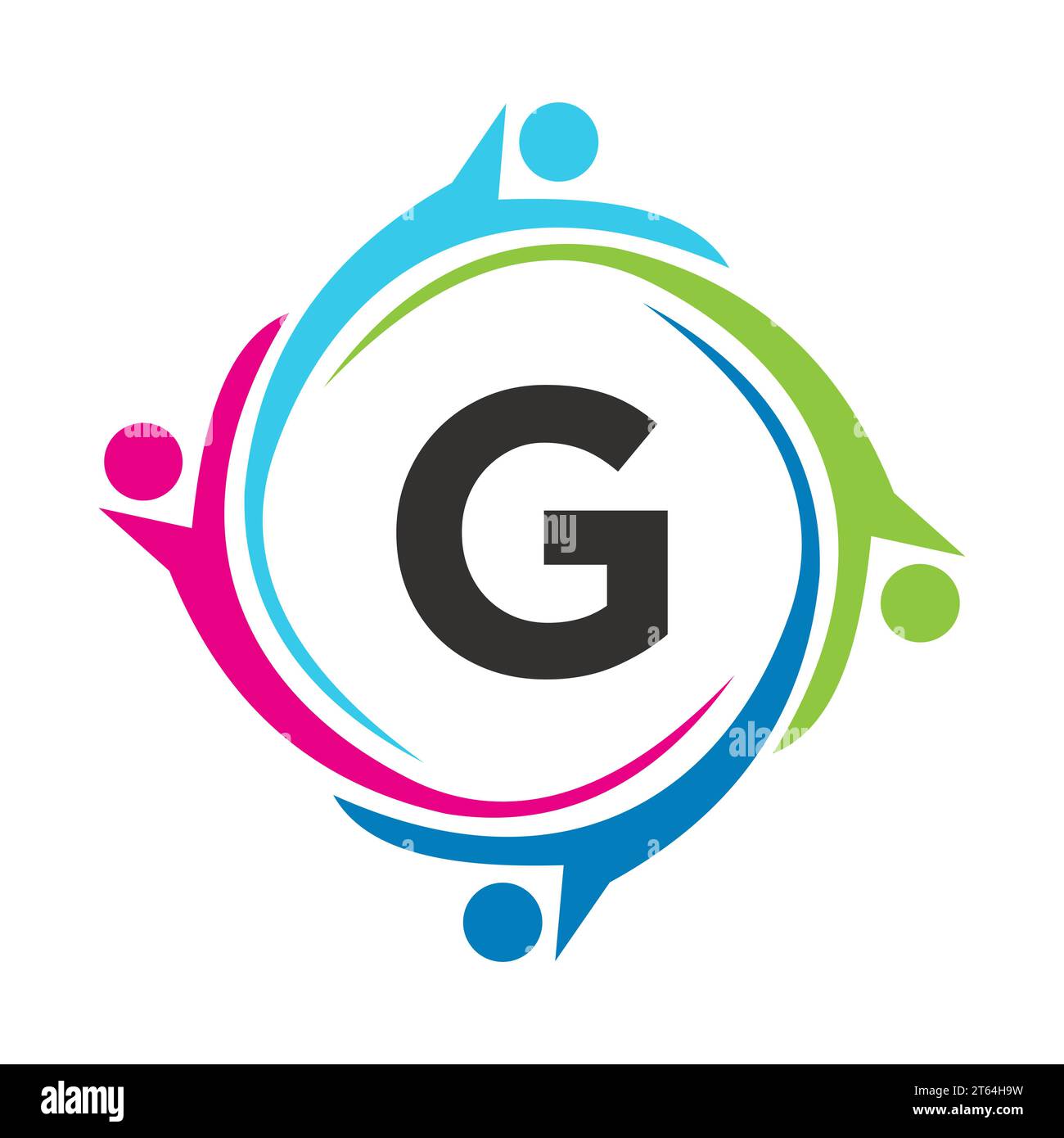 Simbolo di Unione con logo Letter G Teamwork. Segno di beneficenza logotipo comunitario di assistenza sanitaria Illustrazione Vettoriale