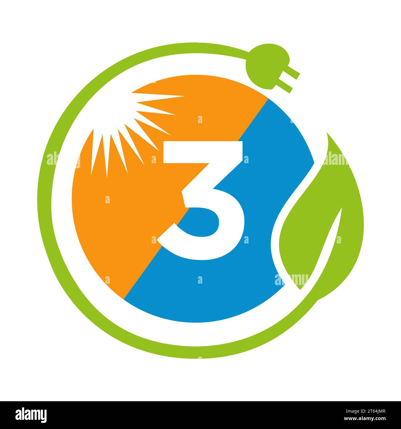 Lettera 3 concetto di progettazione del logo energia solare con modello vettoriale per pannelli solari Sun, Leaf e spina elettrica Illustrazione Vettoriale