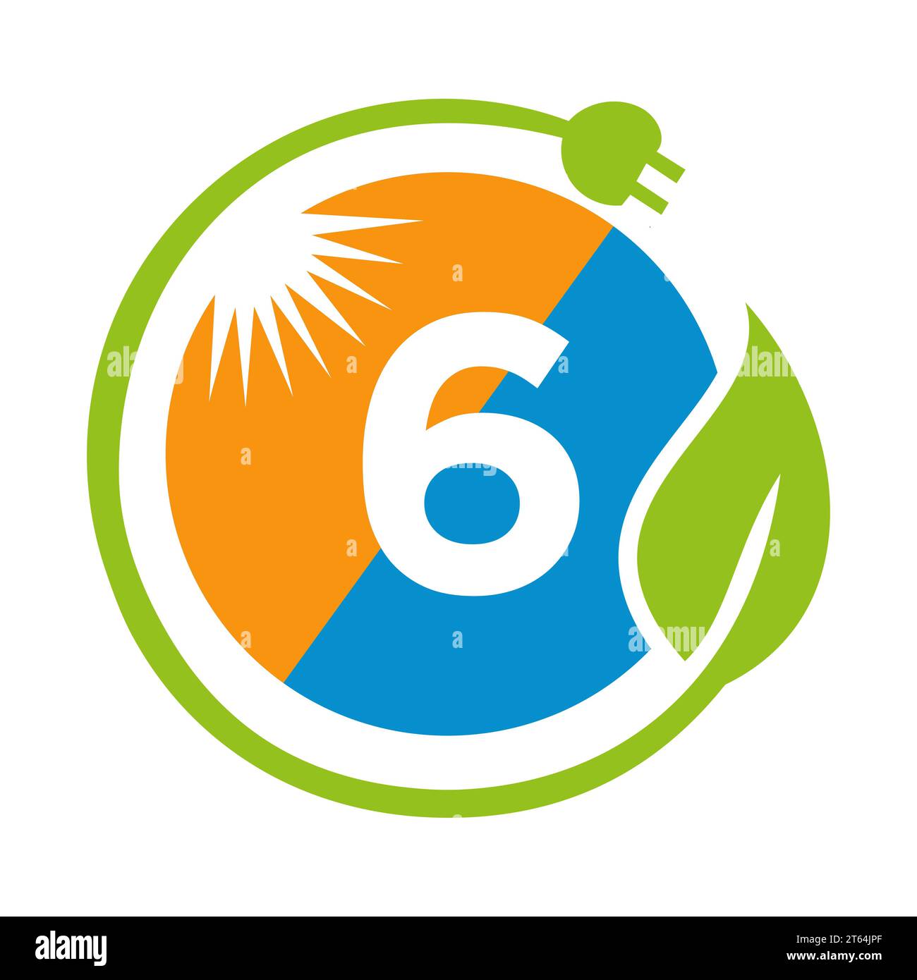 Lettera 6 concetto di progettazione del logo energia solare con modello vettoriale per pannelli solari Sun, Leaf e spina elettrica Illustrazione Vettoriale