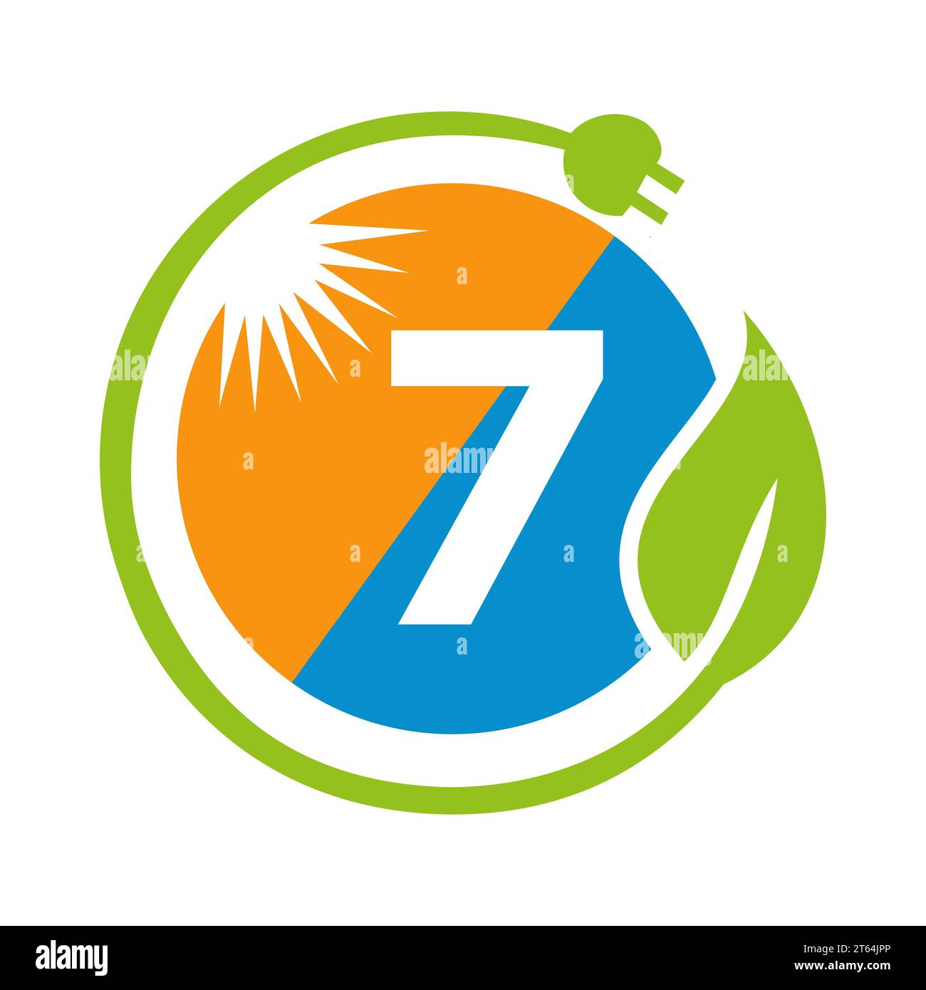 Concetto di progettazione del logo Letter 7 Solar Energy con modello vettoriale per pannelli solari Sun, Leaf e spina elettrica Illustrazione Vettoriale