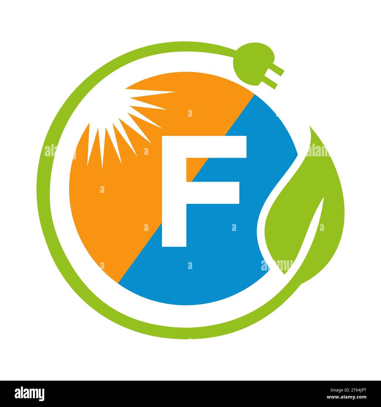 Concetto di progettazione del logo Letter F Solar Energy con modello vettoriale per pannelli solari Sun, Leaf e spina elettrica Illustrazione Vettoriale