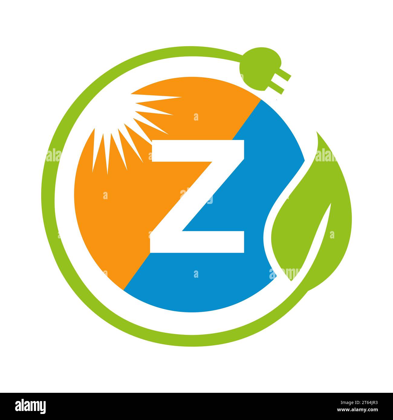 Concetto di progettazione del logo Letter Z Solar Energy con modello vettoriale per pannelli solari Sun, Leaf e spina elettrica Illustrazione Vettoriale