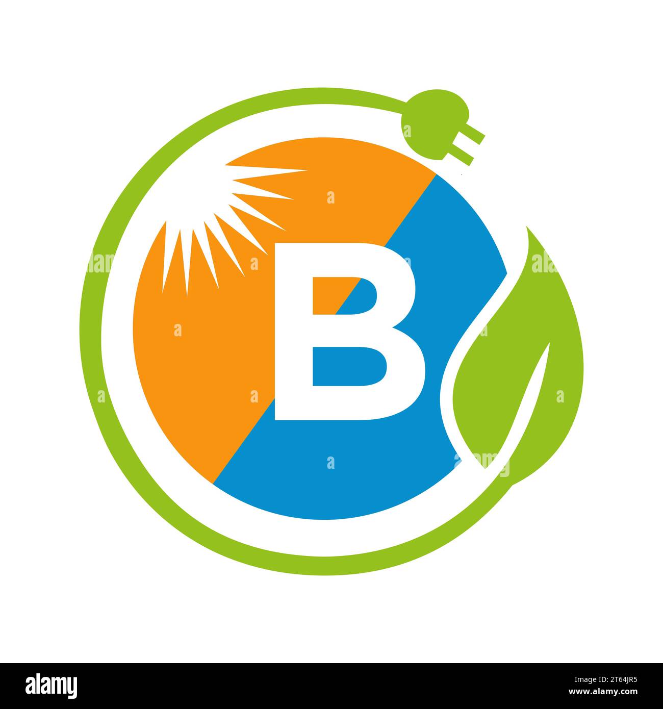 Concetto di progettazione del logo Letter B Solar Energy con modello vettoriale per pannelli solari Sun, Leaf e spina elettrica Illustrazione Vettoriale