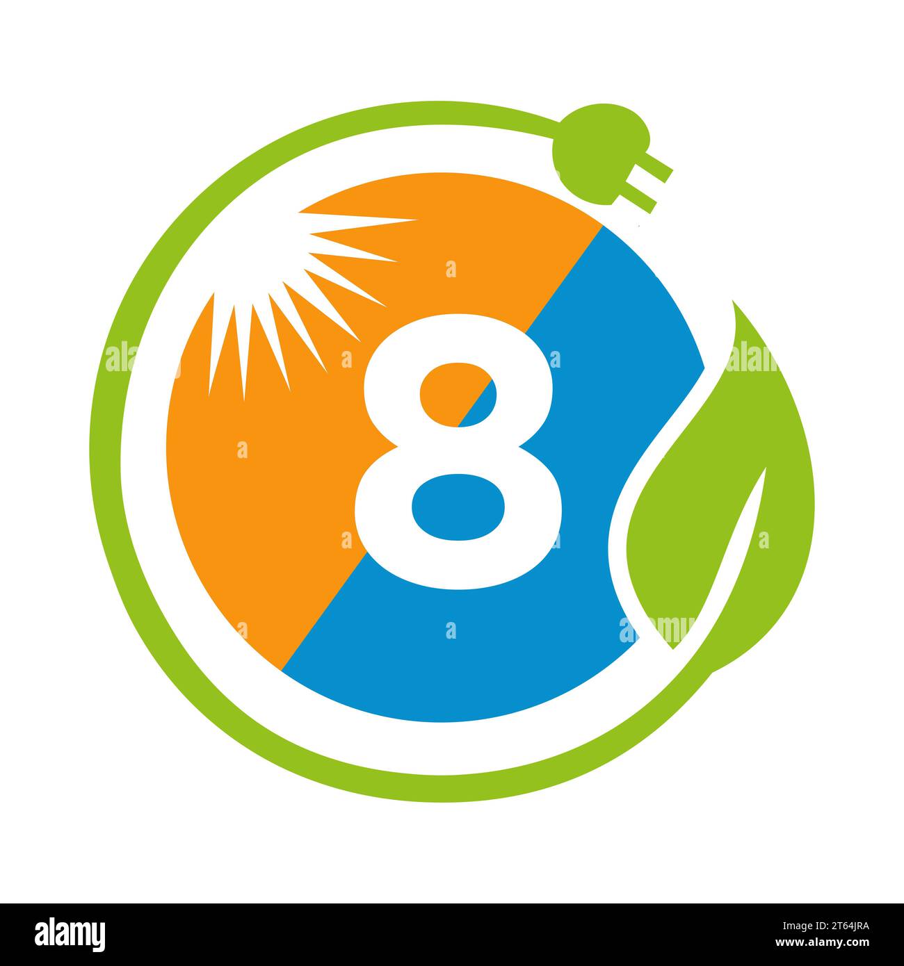 Concetto di progettazione del logo Letter 8 Solar Energy con modello vettoriale per pannelli solari Sun, Leaf e spina elettrica Illustrazione Vettoriale