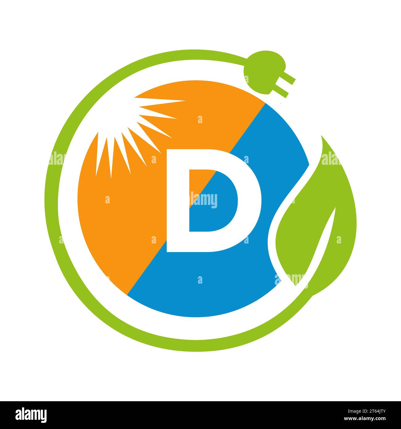 Concetto di progettazione del logo Letter D Solar Energy con modello vettoriale per pannelli solari Sun, Leaf e spina elettrica Illustrazione Vettoriale