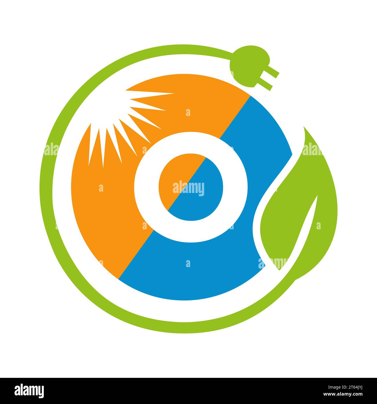 Concetto di progettazione del logo Letter o Solar Energy con modello vettoriale per pannelli solari Sun, Leaf e spina elettrica Illustrazione Vettoriale