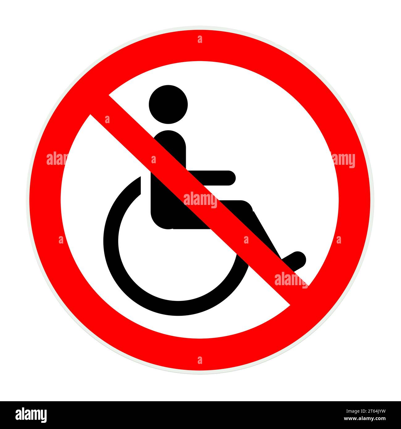 Cartello di divieto con operatore su sedia a rotelle, illustrazione 2D. Foto Stock