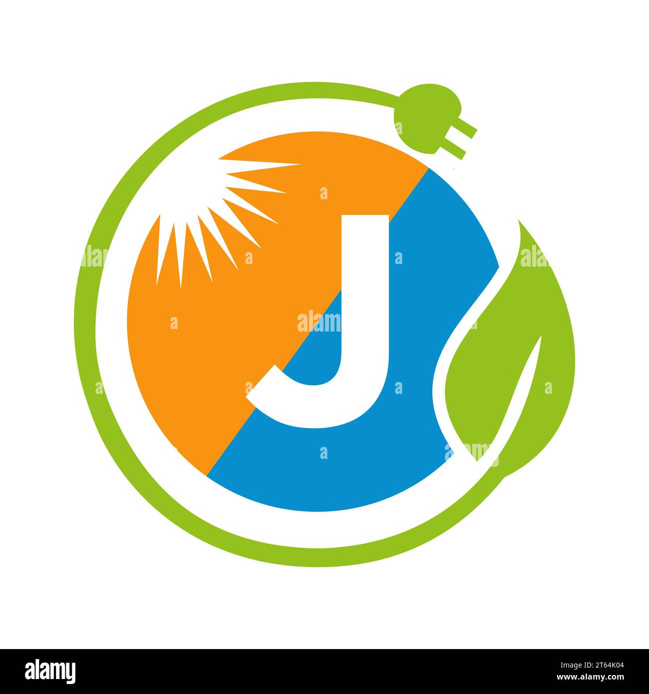 Concetto di progettazione del logo Letter J Solar Energy con modello vettoriale per pannelli solari Sun, Leaf e spina elettrica Illustrazione Vettoriale