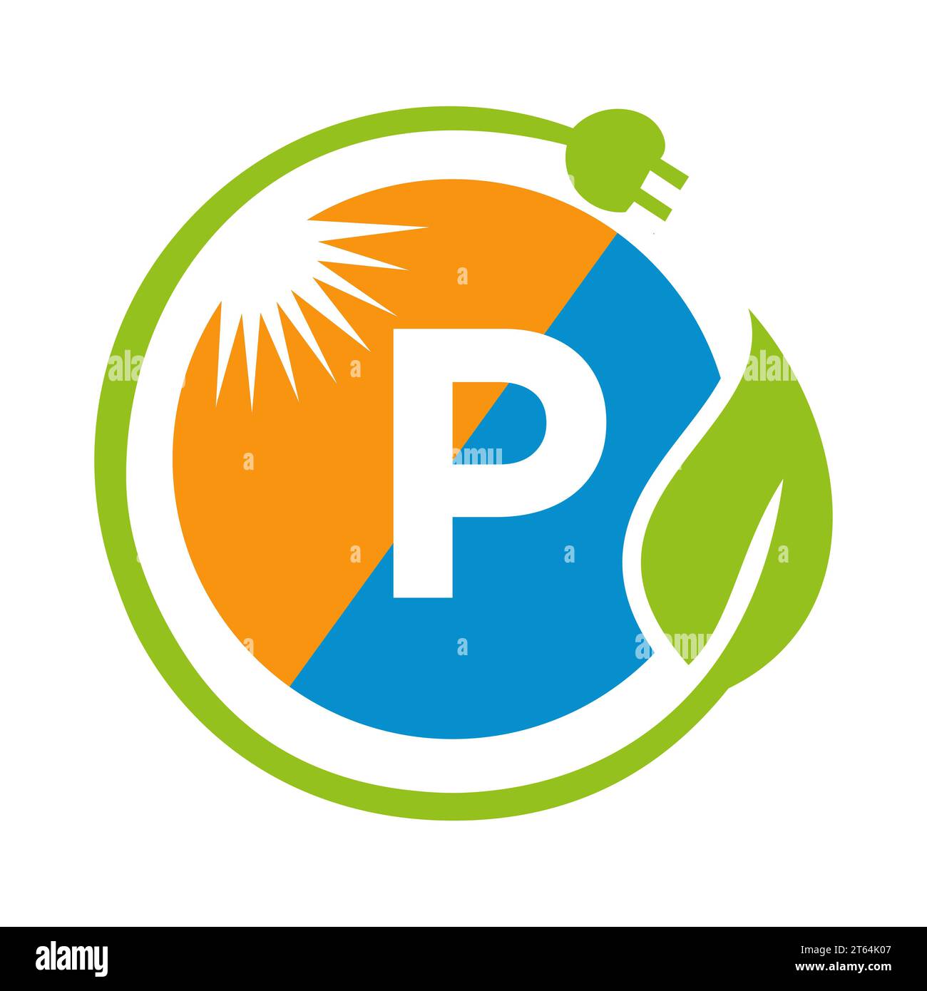 Concetto di progettazione del logo Letter P Solar Energy con modello vettoriale per pannelli solari Sun, Leaf e spina elettrica Illustrazione Vettoriale