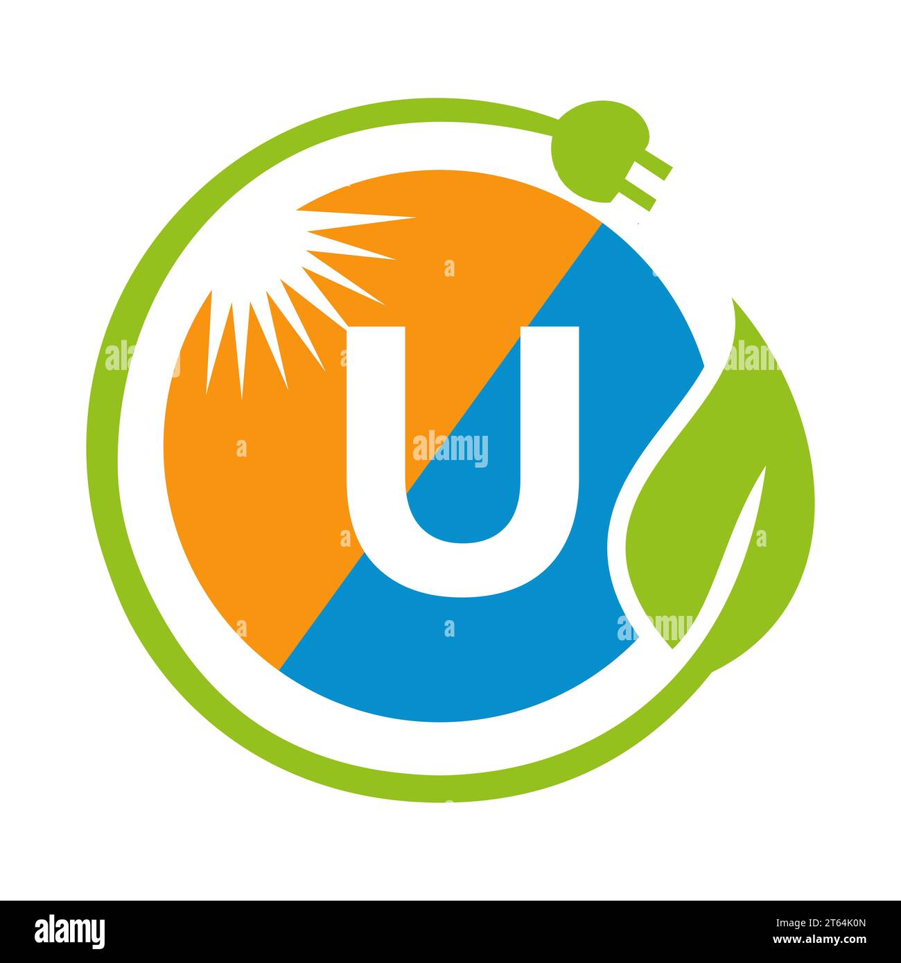 Concetto di progettazione del logo Letter U Solar Energy con modello vettoriale per pannelli solari Sun, Leaf e spina elettrica Illustrazione Vettoriale