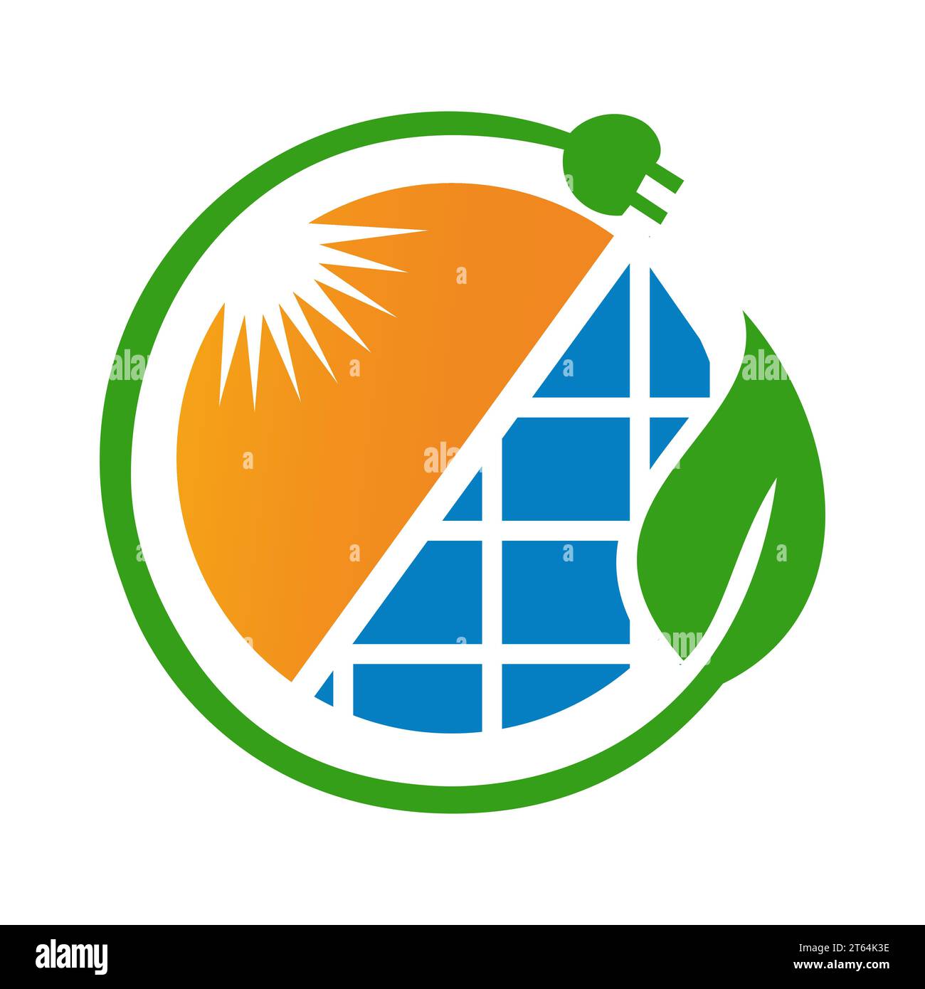 Concetto di progettazione del logo dell'energia solare con modello vettoriale per pannelli solari solari solari con sole, foglia e spina elettrica Illustrazione Vettoriale