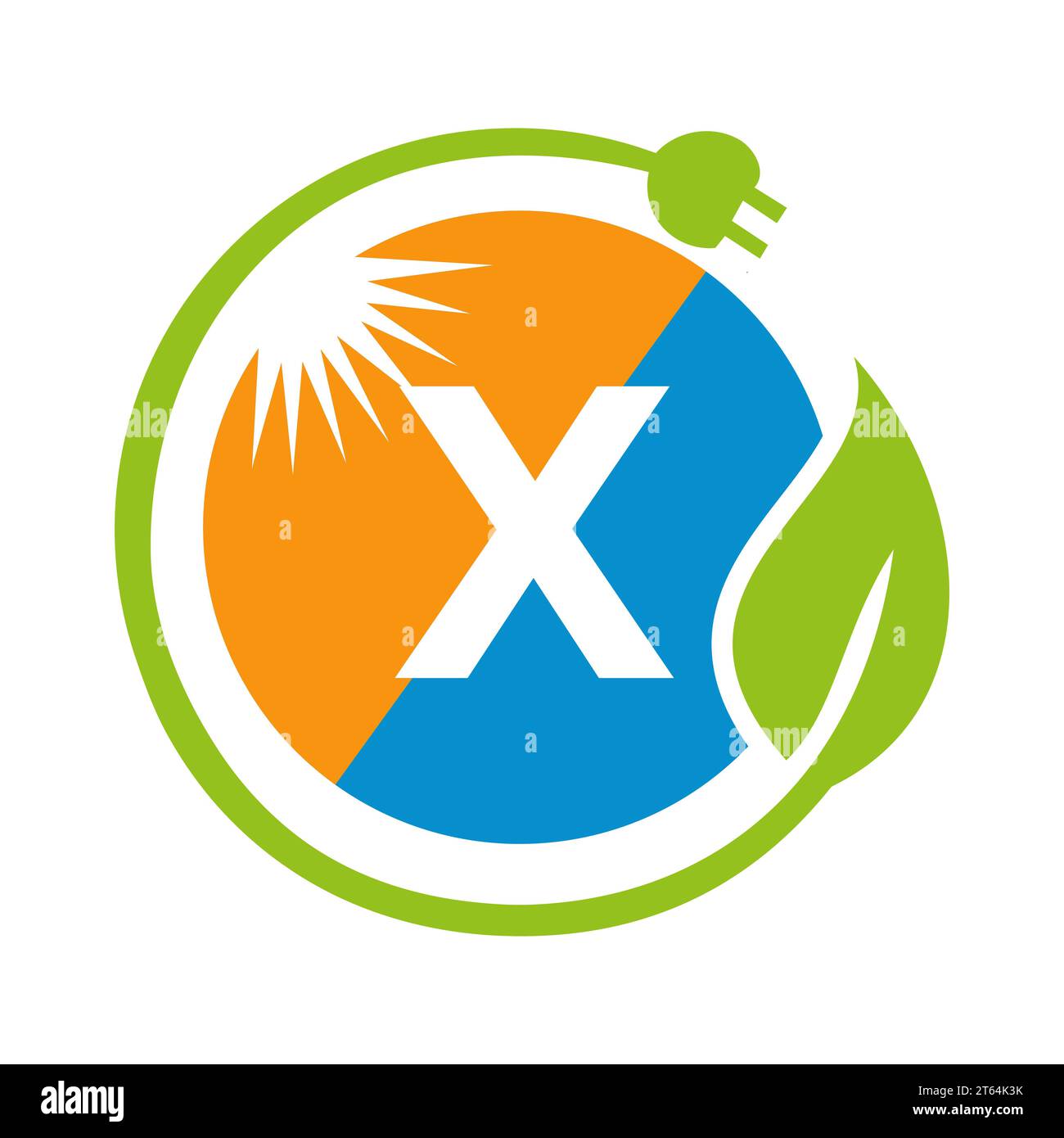 Concetto di progettazione del logo Letter X Solar Energy con modello vettoriale per pannelli solari Sun, Leaf e spina elettrica Illustrazione Vettoriale