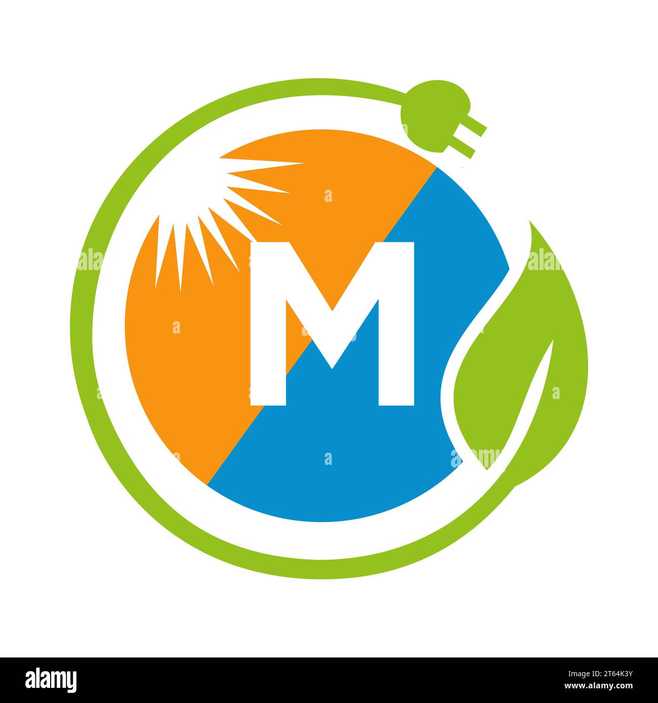 Concetto di progettazione del logo Letter M Solar Energy con modello vettoriale per pannelli solari Sun, Leaf e spina elettrica Illustrazione Vettoriale
