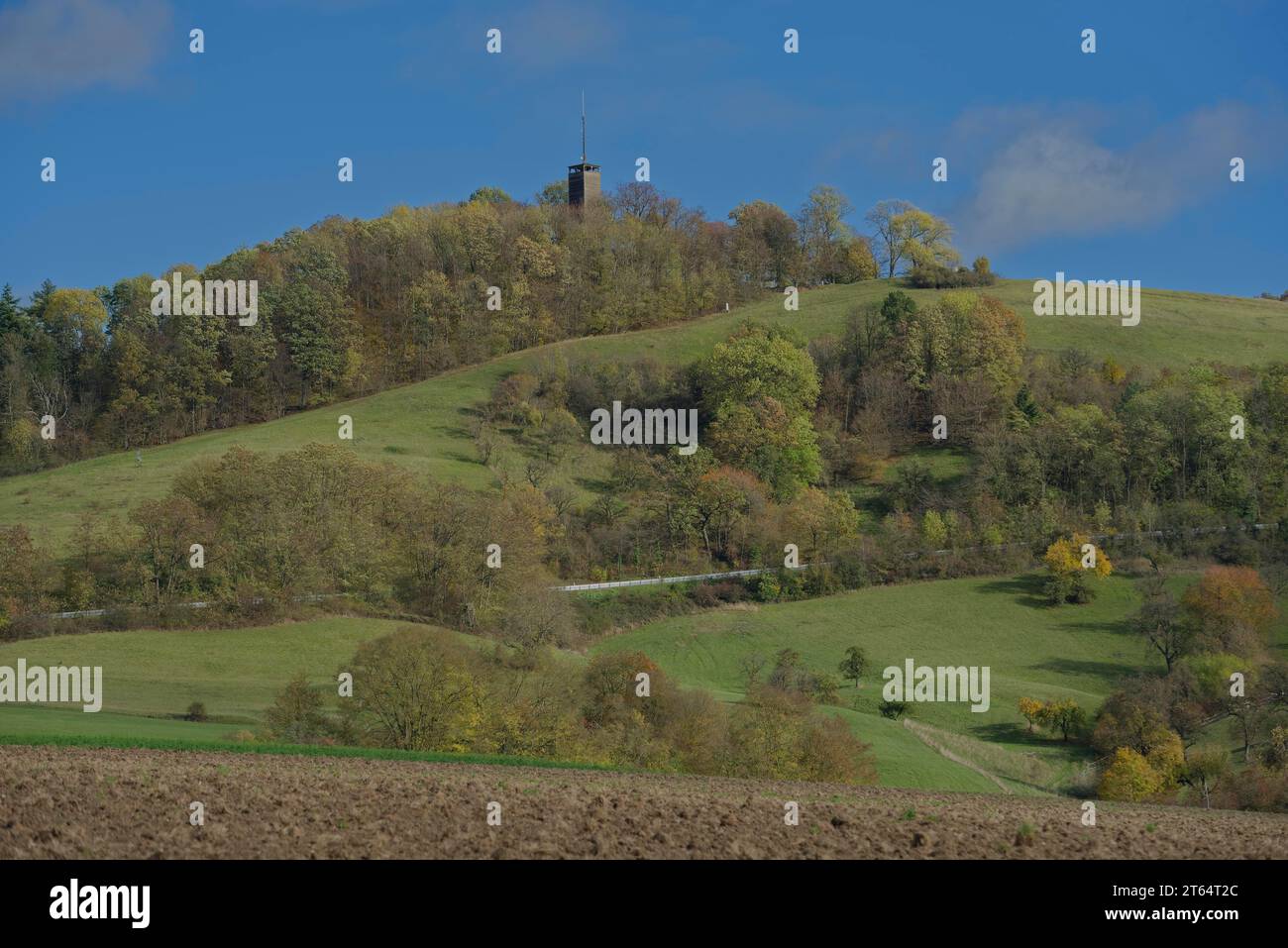 Veduta di Haller Hausberg, Einkorn, Limpurger Land, Limpurger Berge, Michelbach, parco naturale Schwaebisch-Fraenkischer Wald, Schwaebisch Hall Foto Stock