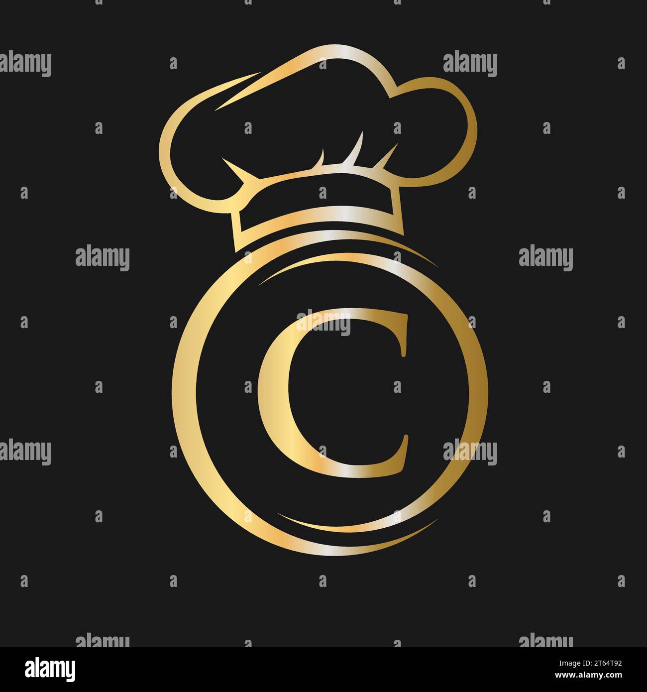 Modello logo ristorante lettera iniziale C. Logo del ristorante con scritta "Chef Hat Symbol Vector Sign" Illustrazione Vettoriale