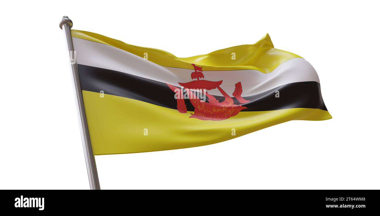 Bandiera del Brunei che sventola isolata su sfondo bianco trasparente Foto Stock