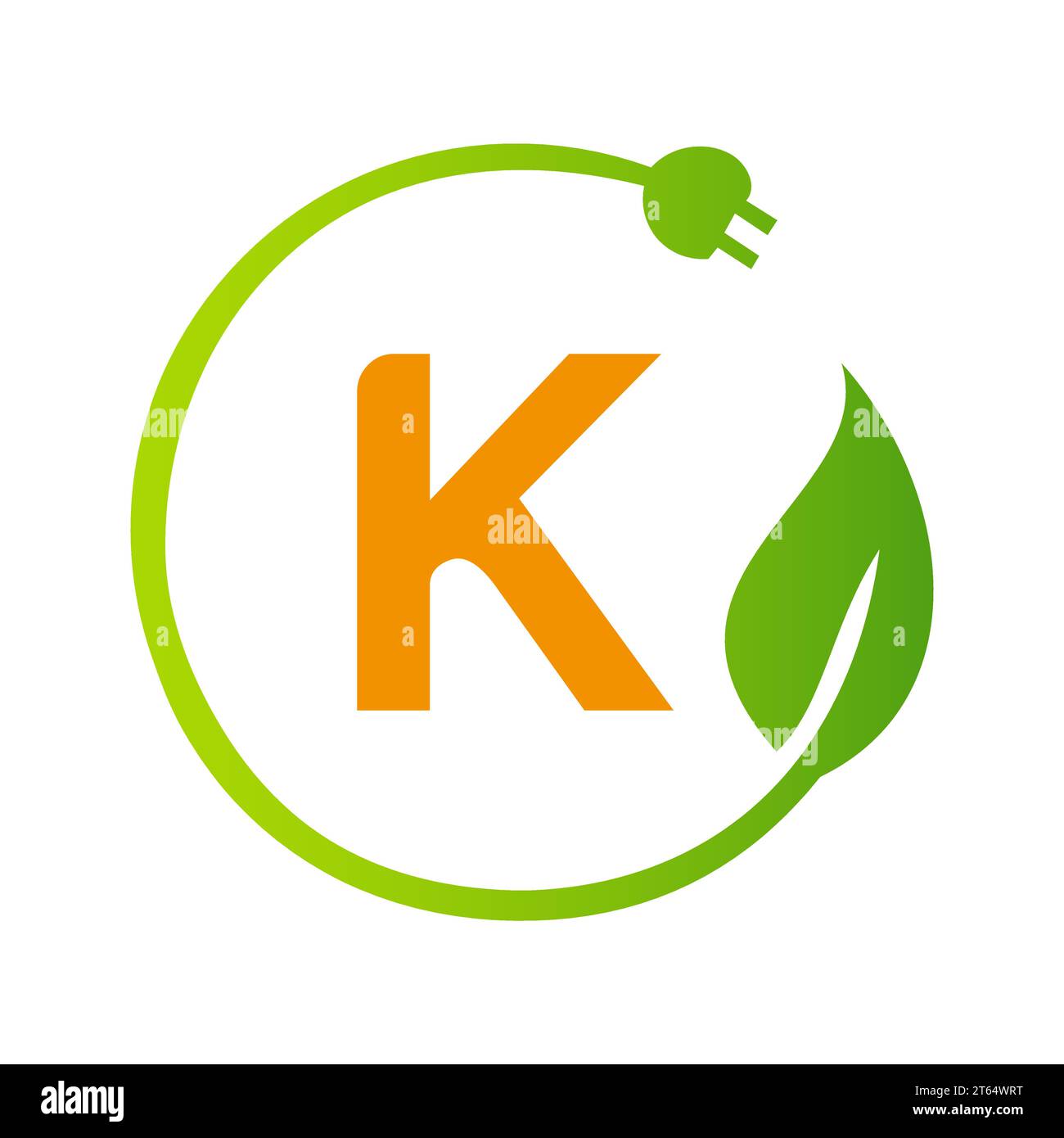 Modello con logo della spina elettrica verde lettera K. Concetto di segnaletica elettrica con segnaletica vettoriale Eco Green Leaf Illustrazione Vettoriale