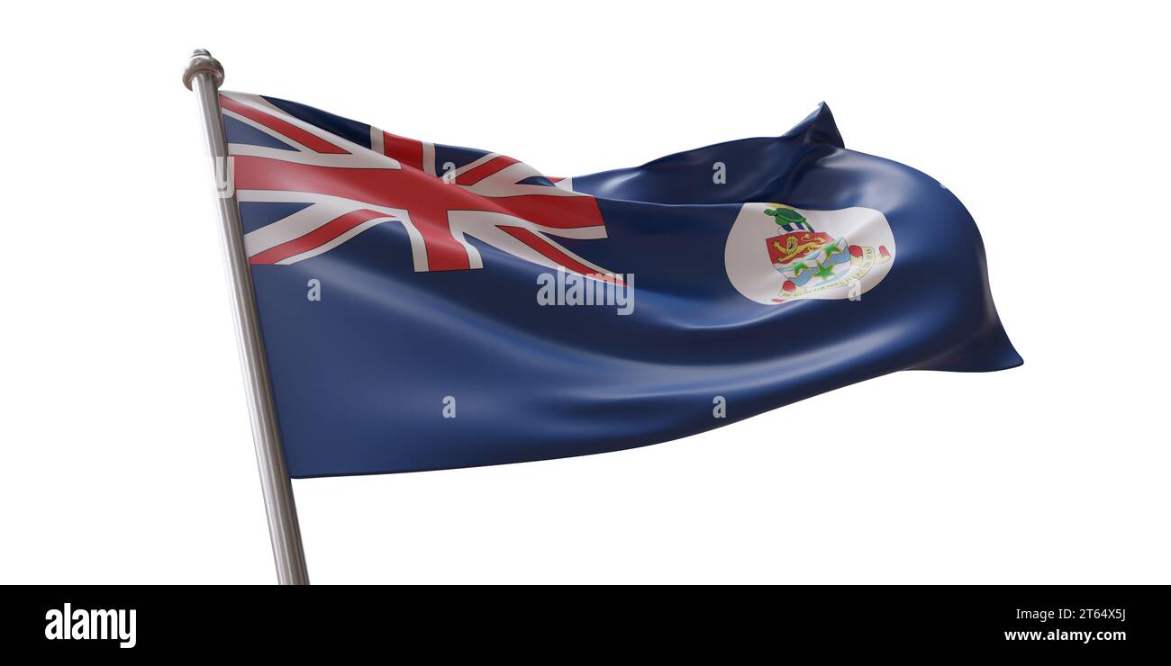 Bandiera delle Isole Cayman che sventola isolata su sfondo bianco trasparente Foto Stock