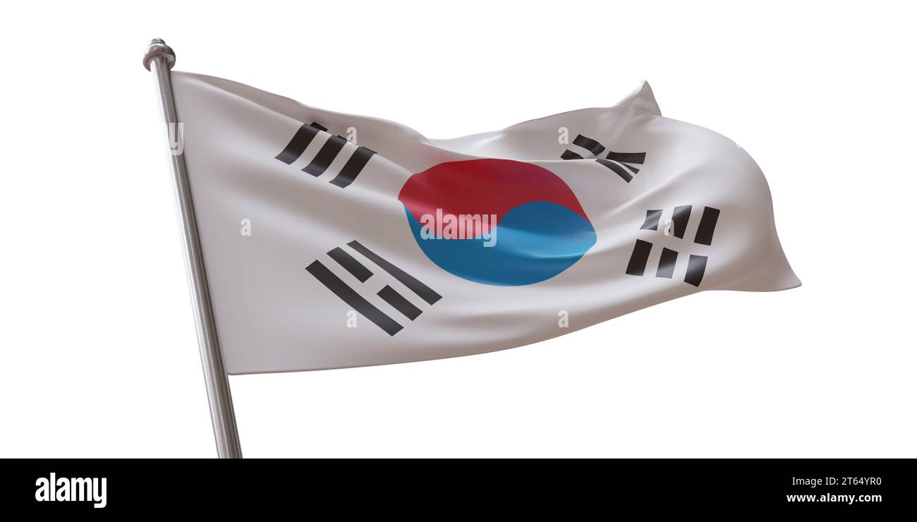 Bandiera della Corea del Sud che sventola isolata su sfondo bianco trasparente, Foto Stock