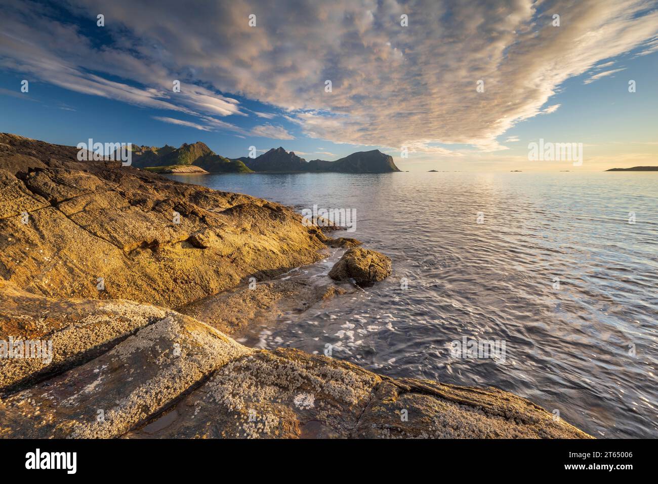 Costa rocciosa in serata, vicino a Nyksund, Isola di Langoya, Vesteralen, Norvegia settentrionale, Norvegia Foto Stock
