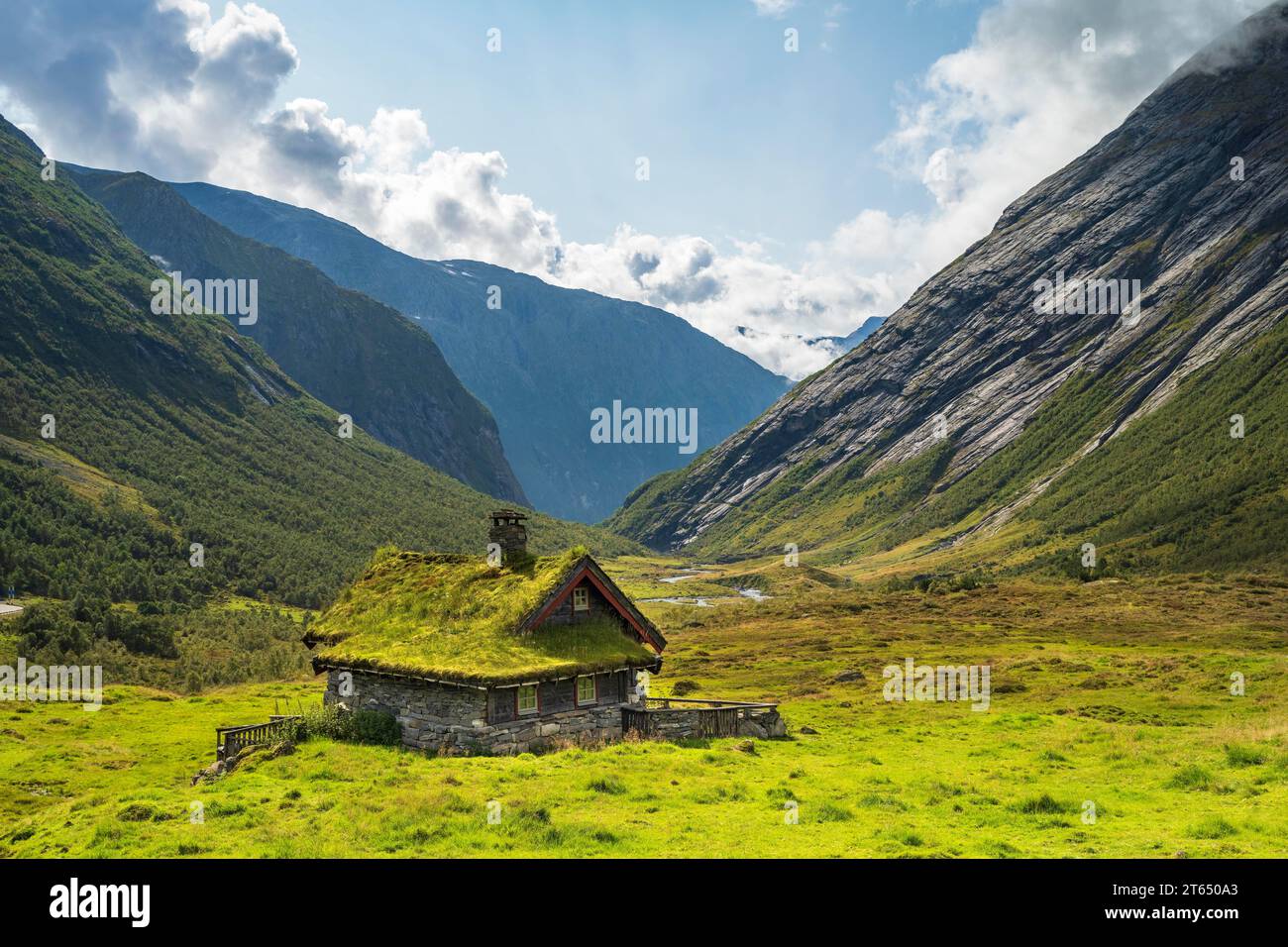Cottage tradizionale con tetto in erba nella valle di montagna, Skjerdingsdalssaetra, Stryn, Norvegia Foto Stock