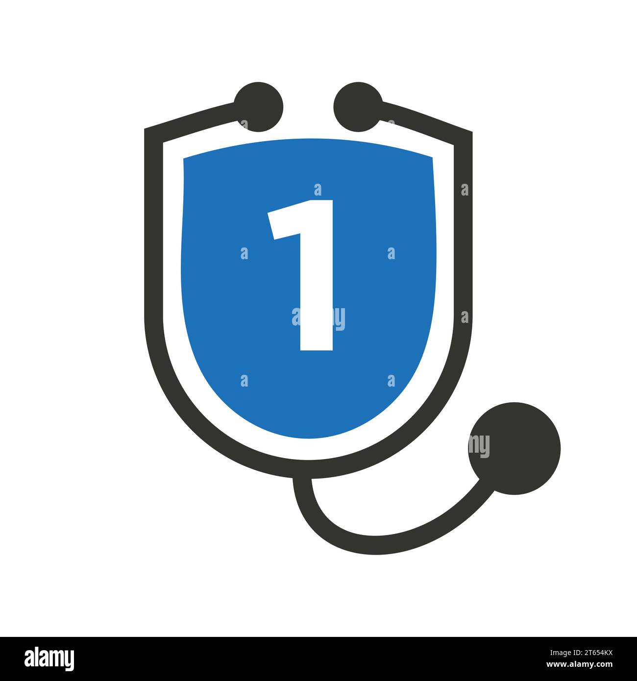 Logo Letter 1 Healthcare. Logotipo medico e medico sulla lettera 1 concetto con segno stetoscopio scudo Illustrazione Vettoriale