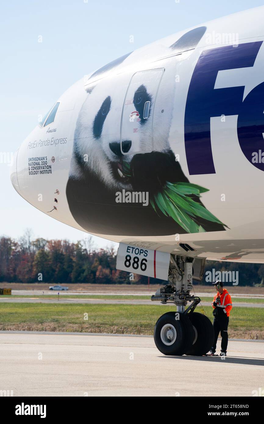 (231108) -- DULLES (Stati Uniti), 8 novembre 2023 (Xinhua) -- un aereo che trasporta panda giganti è visto all'aeroporto internazionale Dulles di Dulles, Virginia, negli Stati Uniti, l'8 novembre 2023. I panda giganti Mei Xiang, Tian Tian e il loro cucciolo maschio Xiao Qi Ji partirono lo zoo nazionale dello Smithsonian a Washington DC mercoledì, concludendo il loro soggiorno negli Stati Uniti e intraprendendo un viaggio di ritorno in Cina. Durante una breve cerimonia tenutasi presso lo zoo, i custodi hanno scortato tre casse speciali, ognuna con in mano un panda, per viaggiare sulla Olmsted Walk di fronte ai membri della stampa. Le casse sono state più tardi in preda Foto Stock