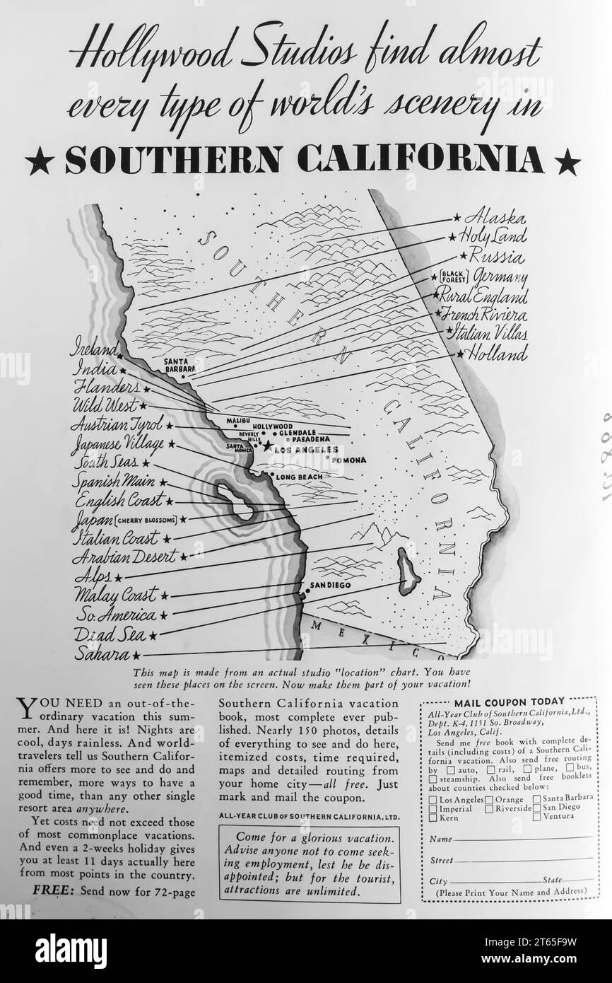 1934 annuncio per le vacanze nella California meridionale, club tutto l'anno Los Angeles California. "Gli studi di Hollywood trovano quasi tutti i tipi di scenari mondiali a SoCal" Foto Stock